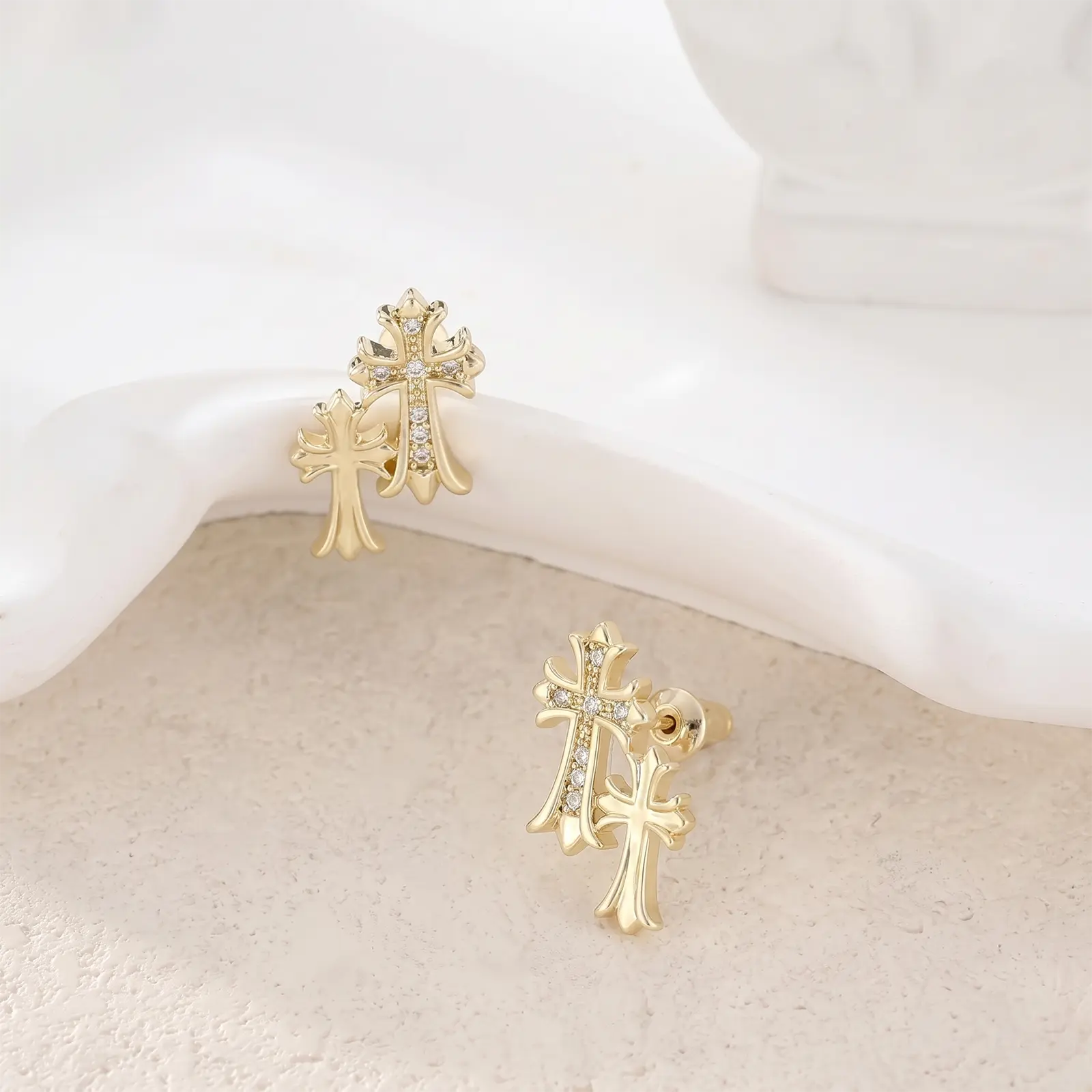  Cross Dangle Earrings – Zircon, 14K Gold Plated, Hypoallergenic