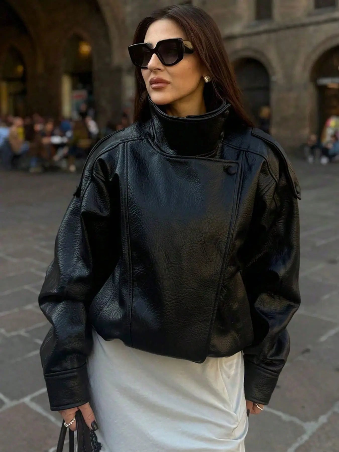 Women's Vintage Moto Jacket – Faux Leather, Stand Collar, Asymmetrical Design