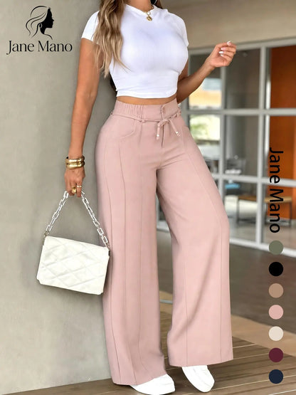 Women's Wide Leg Pants – High Waist Elastic Waistband, Straight-Leg Trousers