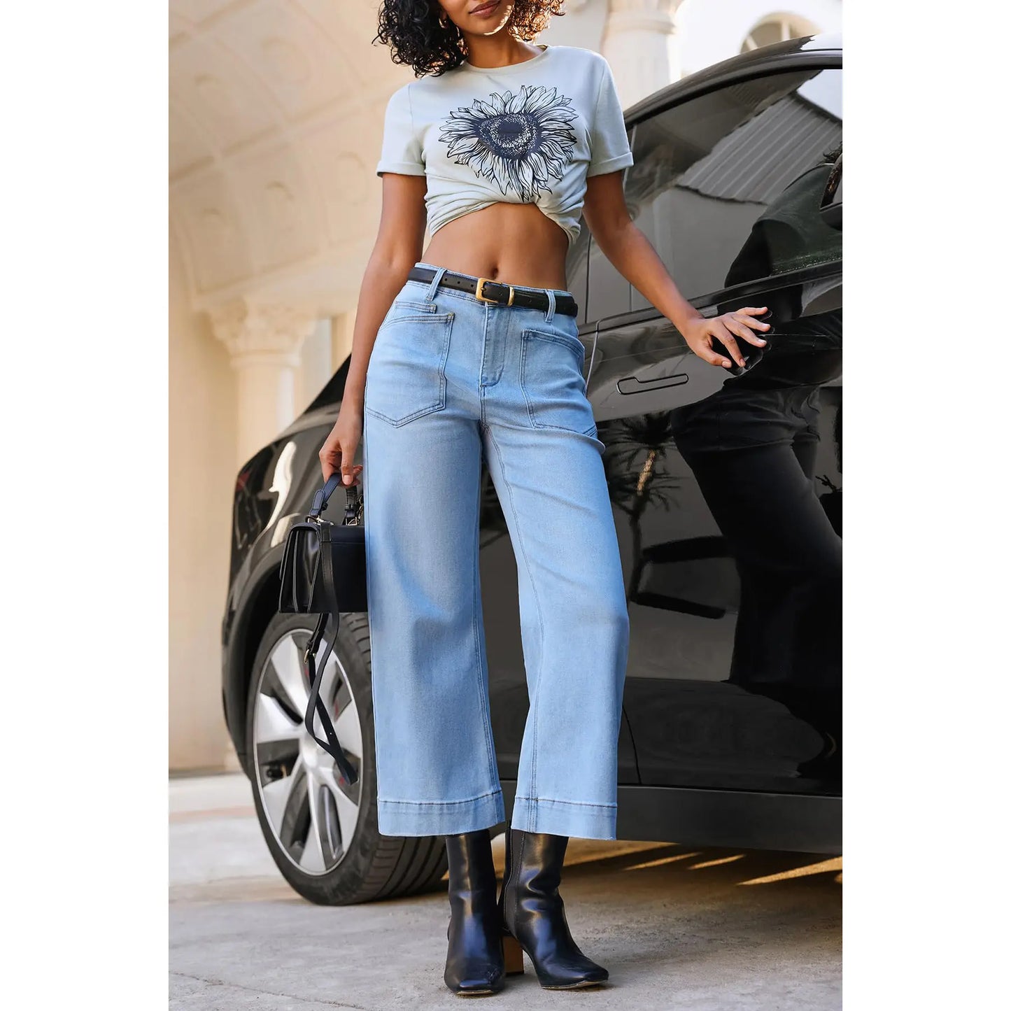 High-Waisted Capri Jeans – Stretchy, Frayed Distressed, Five Pockets, Women's