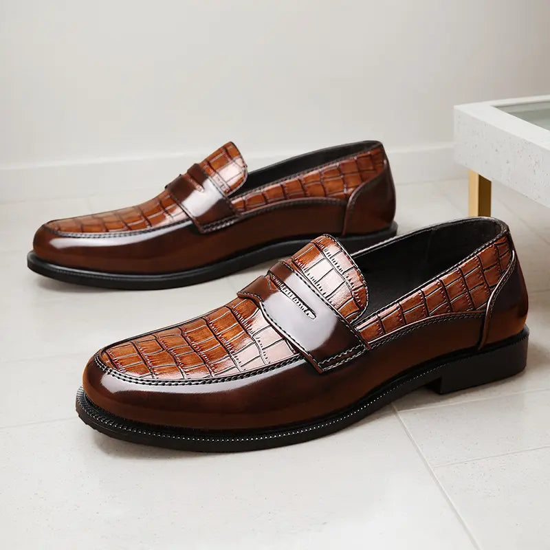 Men's Penny Loafers – Croc-Embossed Leather, Breathable, Rubber Sole, Slip-On