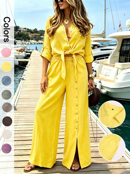 Women's Two-Piece Vacation Set – Knot Top with Button Detail & Wide-Leg Pants