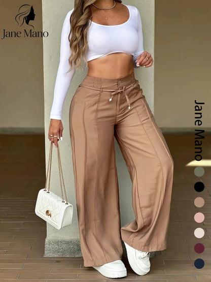 Women's Wide Leg Pants – High Waist Elastic Waistband, Straight-Leg Trousers