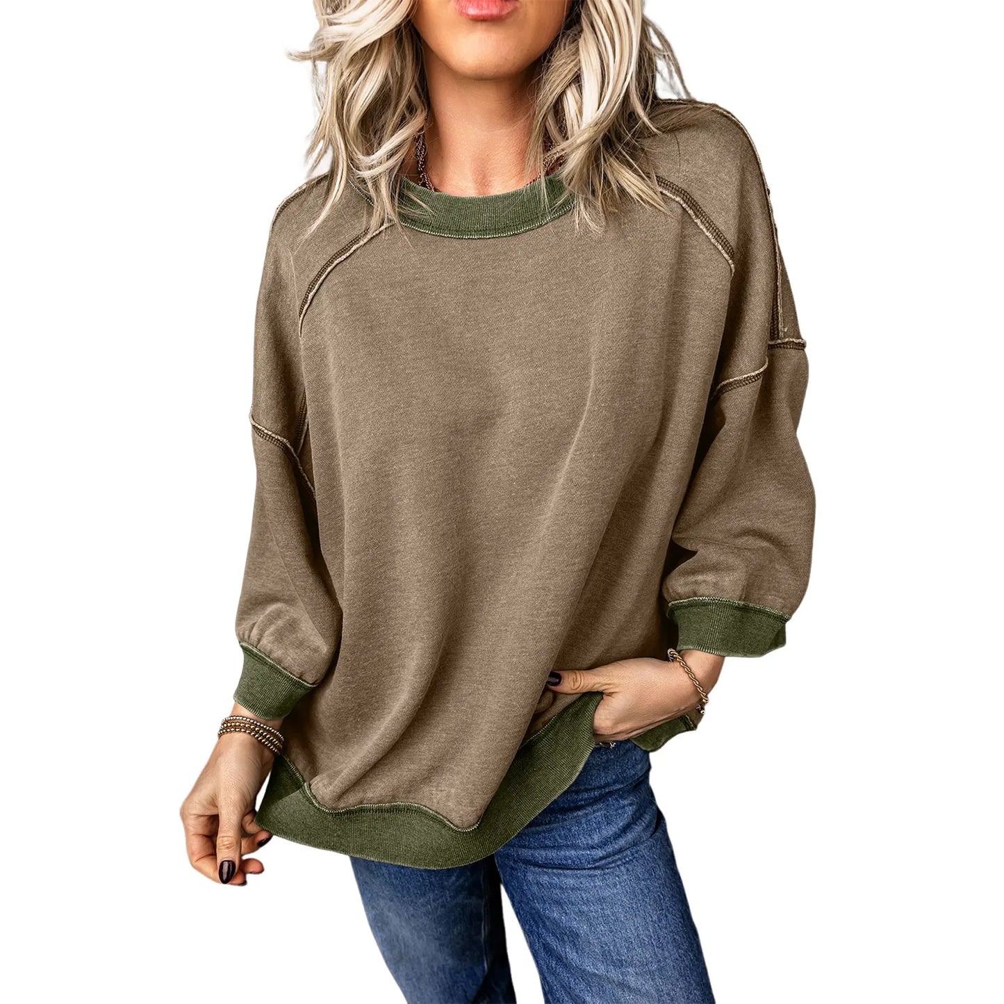 Women's Oversized Acid Wash Pullover Sweatshirt – Vintage Cotton Crew Neck
