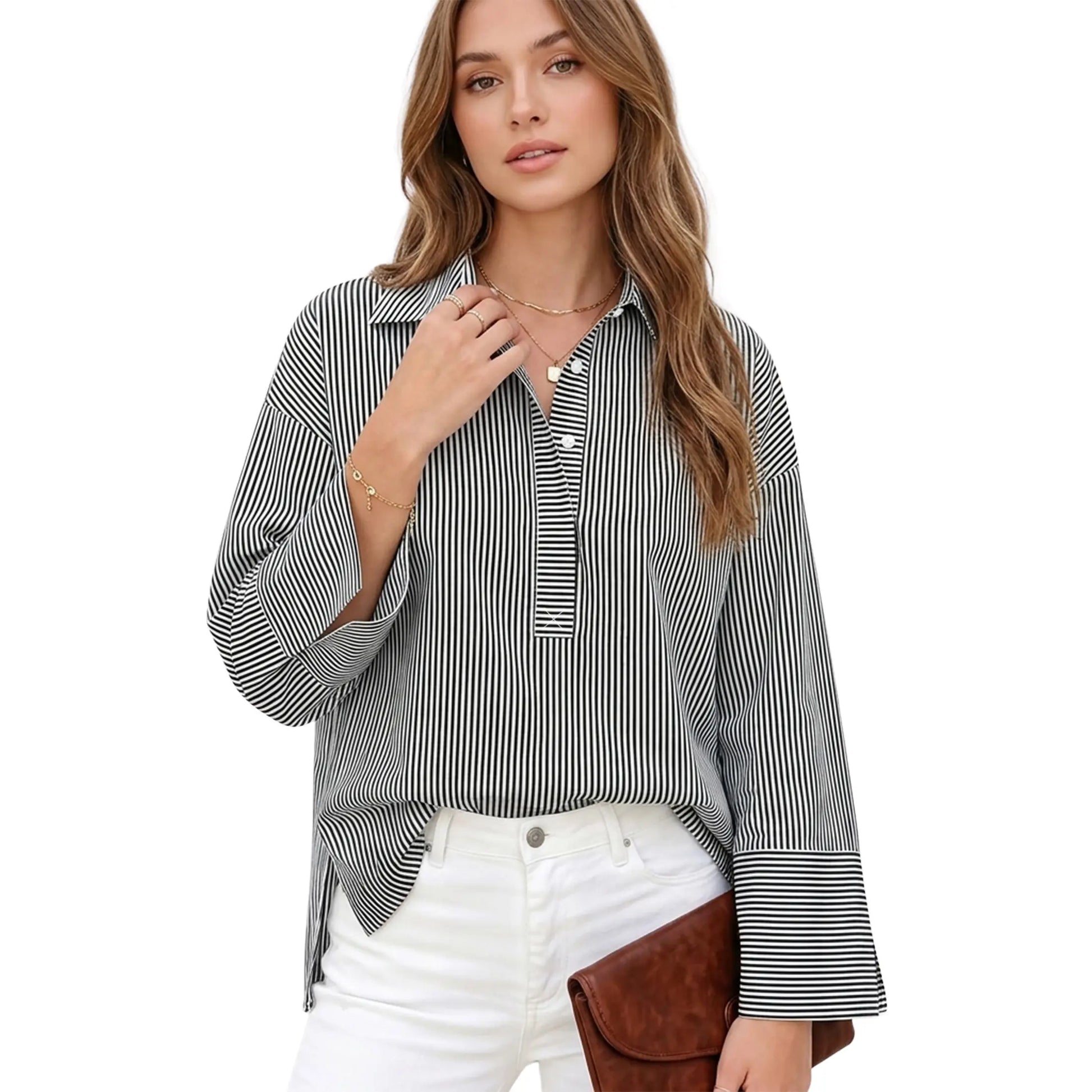 Women's Oversized Button-Down Henley Blouse