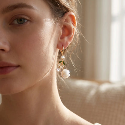 French White Rose Zircon Drop Earrings – Elegant Light Luxury Style