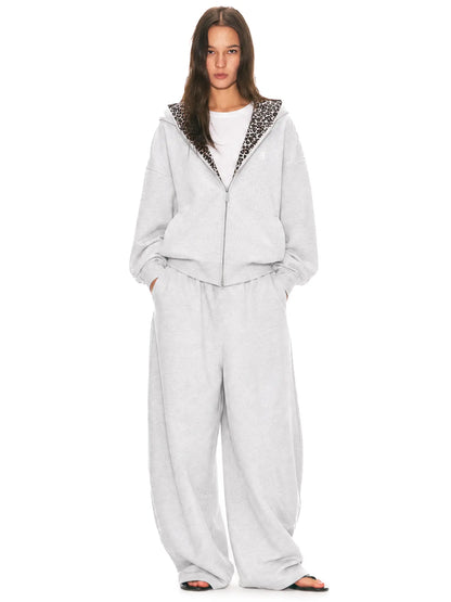 Leopard Print Zip-Up Hoodie – Oversized Cropped, Cute Ears Hood, Women Fleece