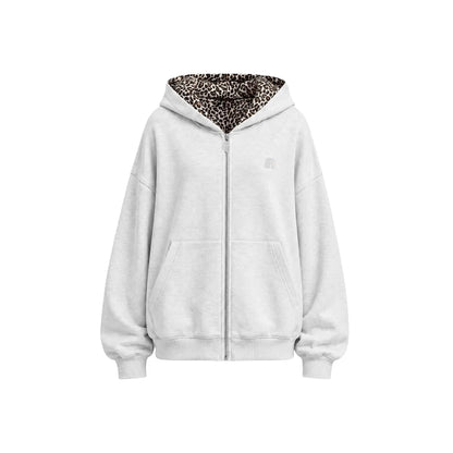 Leopard Print Zip-Up Hoodie – Oversized Cropped, Cute Ears Hood, Women Fleece