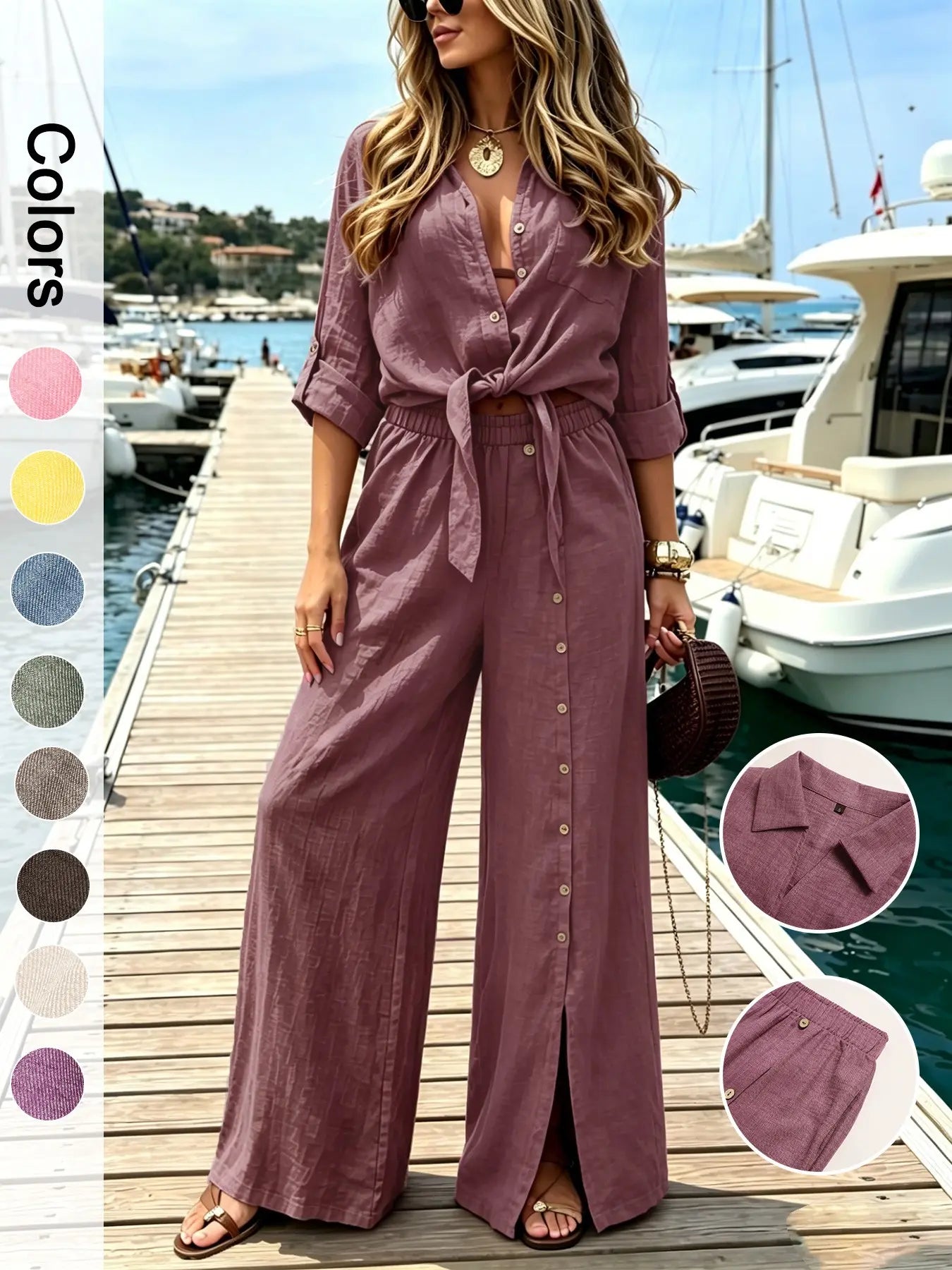 Women's Two-Piece Vacation Set – Knot Top with Button Detail & Wide-Leg Pants