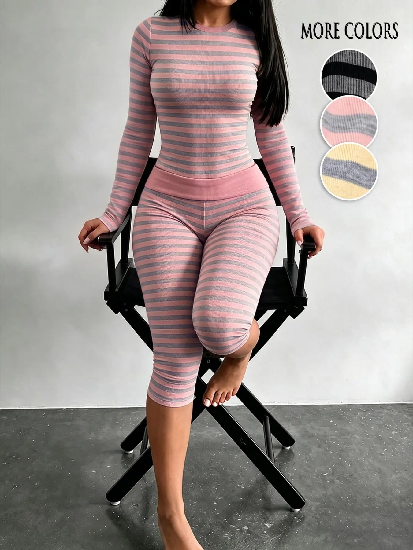 Yellow & Grey Striped Two-Piece Loungewear Set – Crop Top & High-Waist Capri Leggings