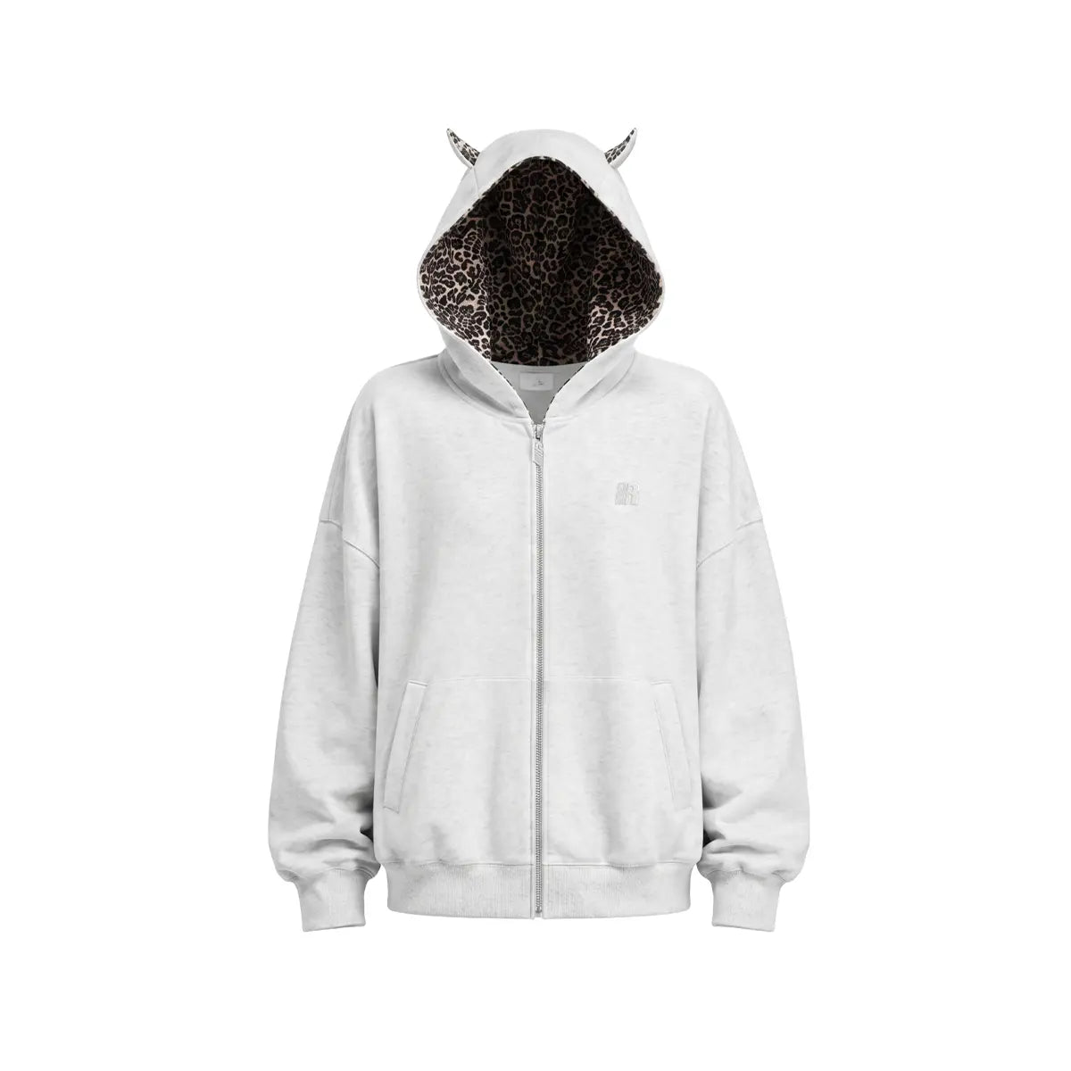 Leopard Print Zip-Up Hoodie – Oversized Cropped, Cute Ears Hood, Women Fleece