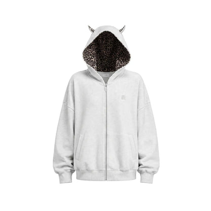 Leopard Print Zip-Up Hoodie – Oversized Cropped, Cute Ears Hood, Women Fleece