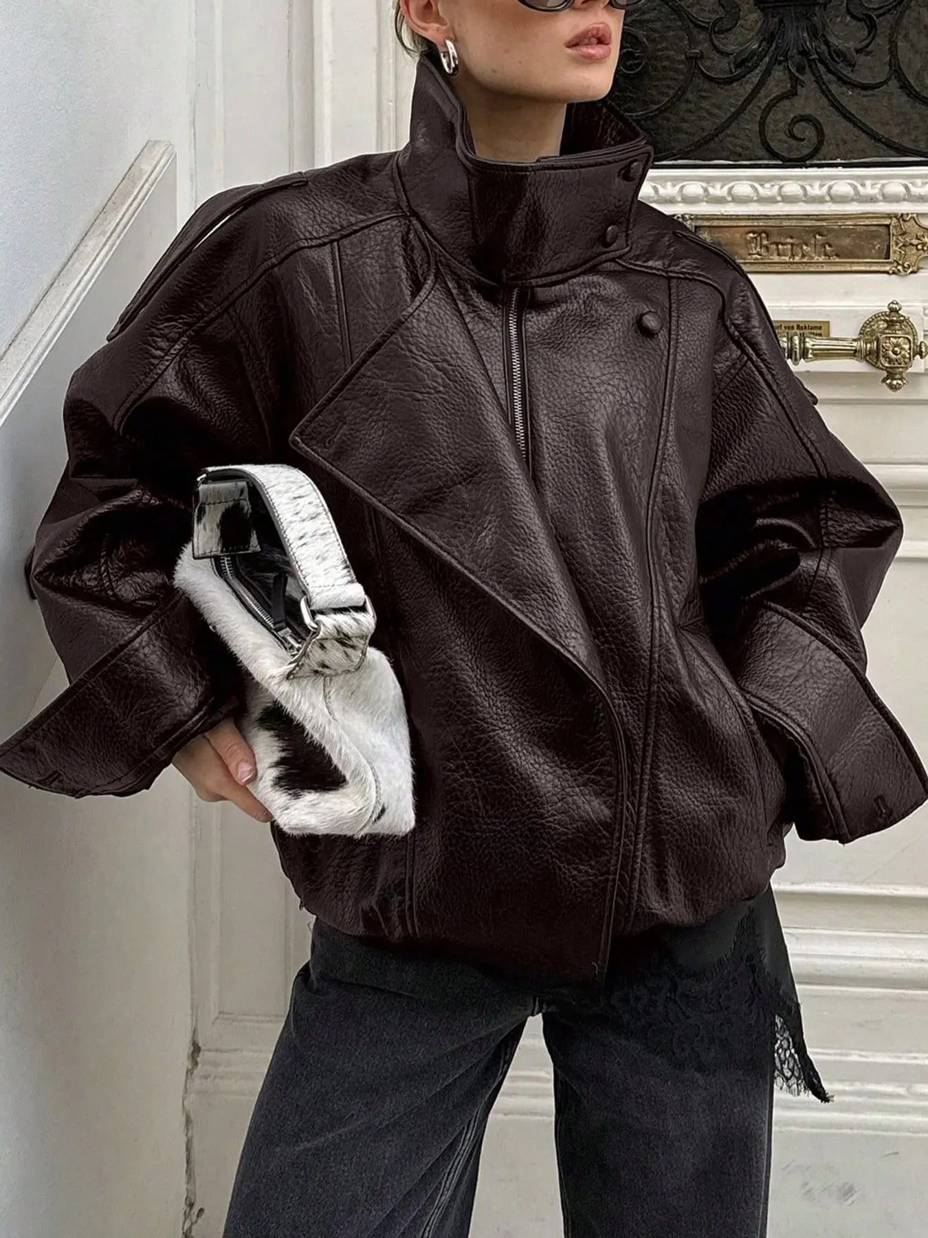 Women's Vintage Moto Jacket – Faux Leather, Stand Collar, Asymmetrical Design