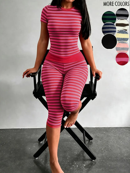 Yellow & Grey Striped Two-Piece Loungewear Set – Crop Top & High-Waist Capri Leggings