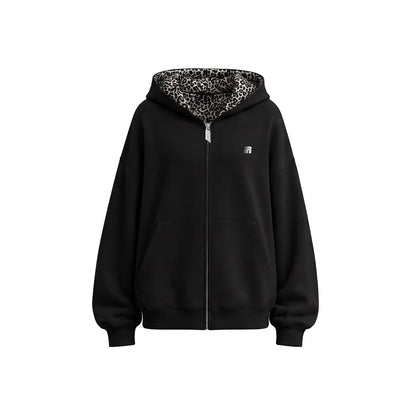 Leopard Print Zip-Up Hoodie – Oversized Cropped, Cute Ears Hood, Women Fleece