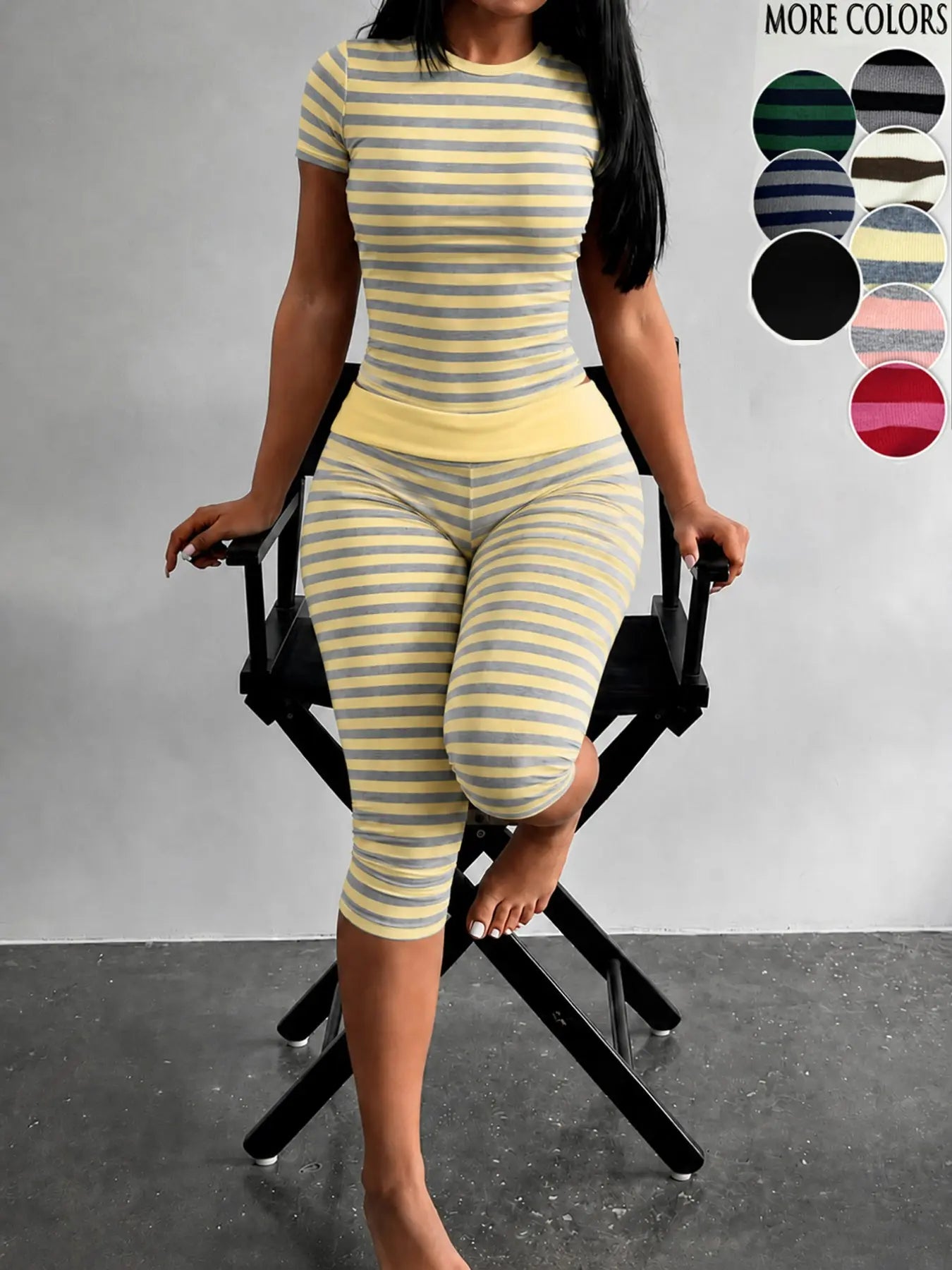 Yellow & Grey Striped Two-Piece Loungewear Set – Crop Top & High-Waist Capri Leggings