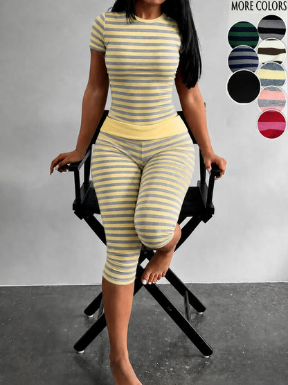 Yellow & Grey Striped Two-Piece Loungewear Set – Crop Top & High-Waist Capri Leggings