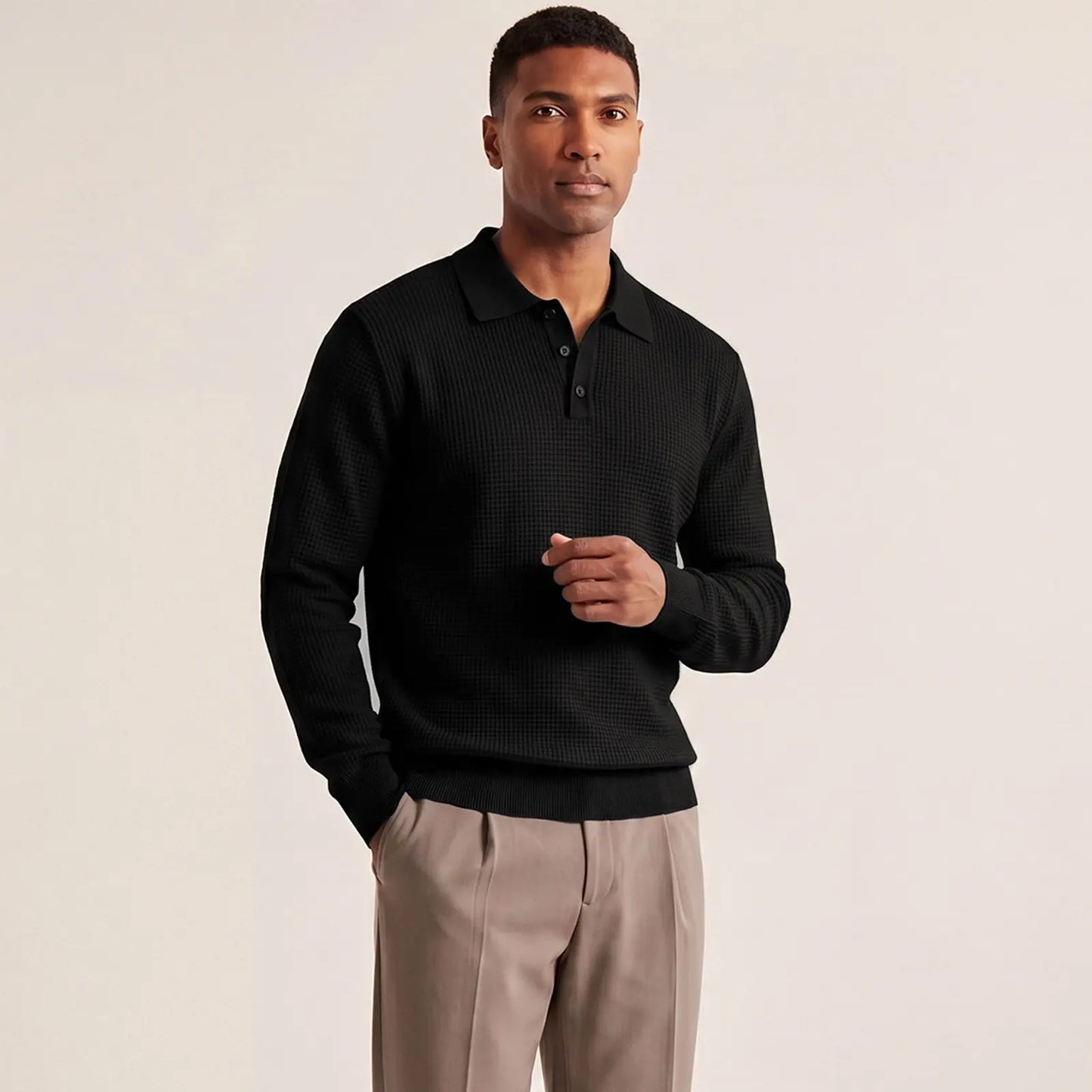 Men's Waffle Knit Quarter-Button Polo Sweater