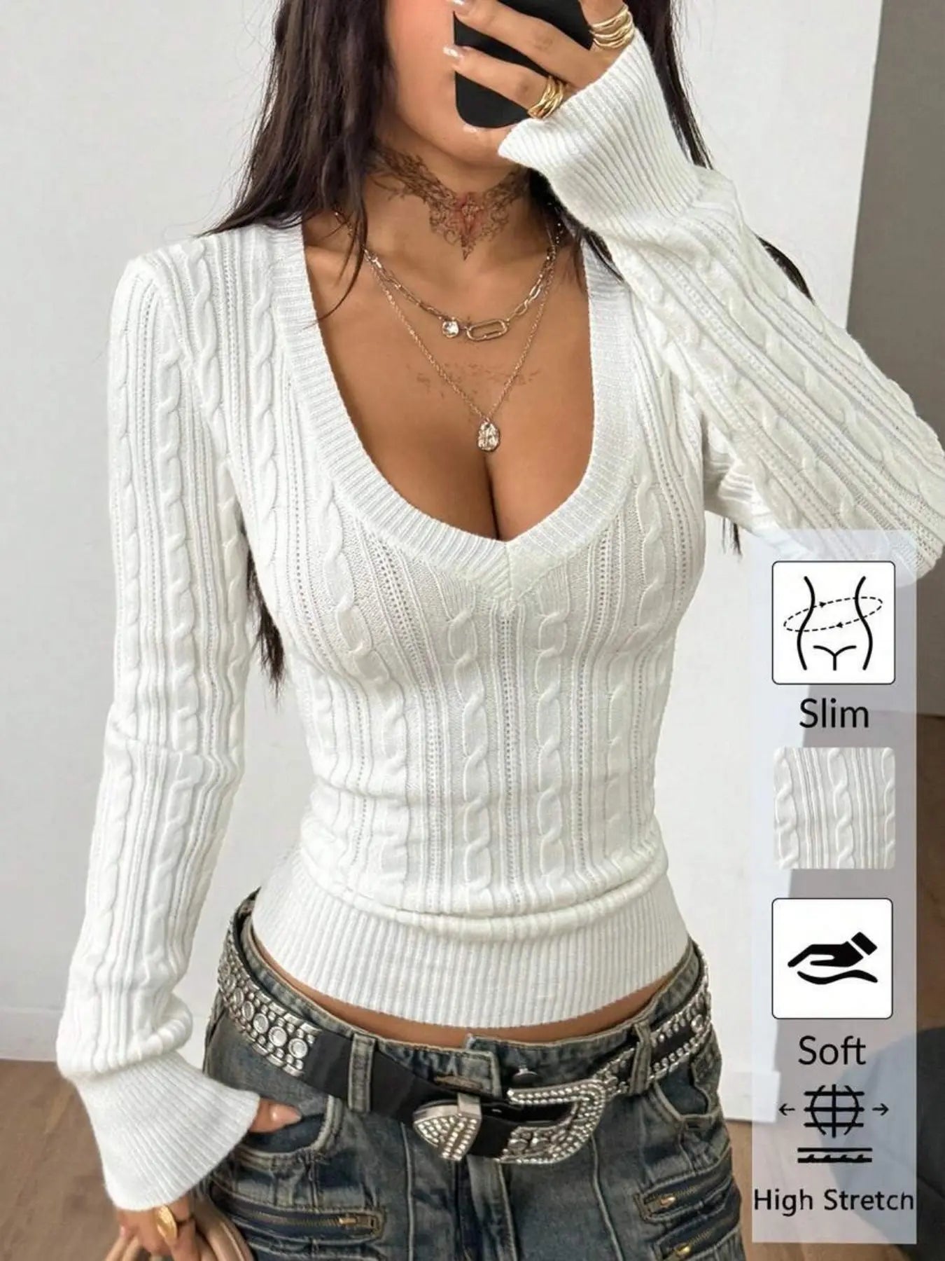 Women's V-Neck Cable Knit Sweater
