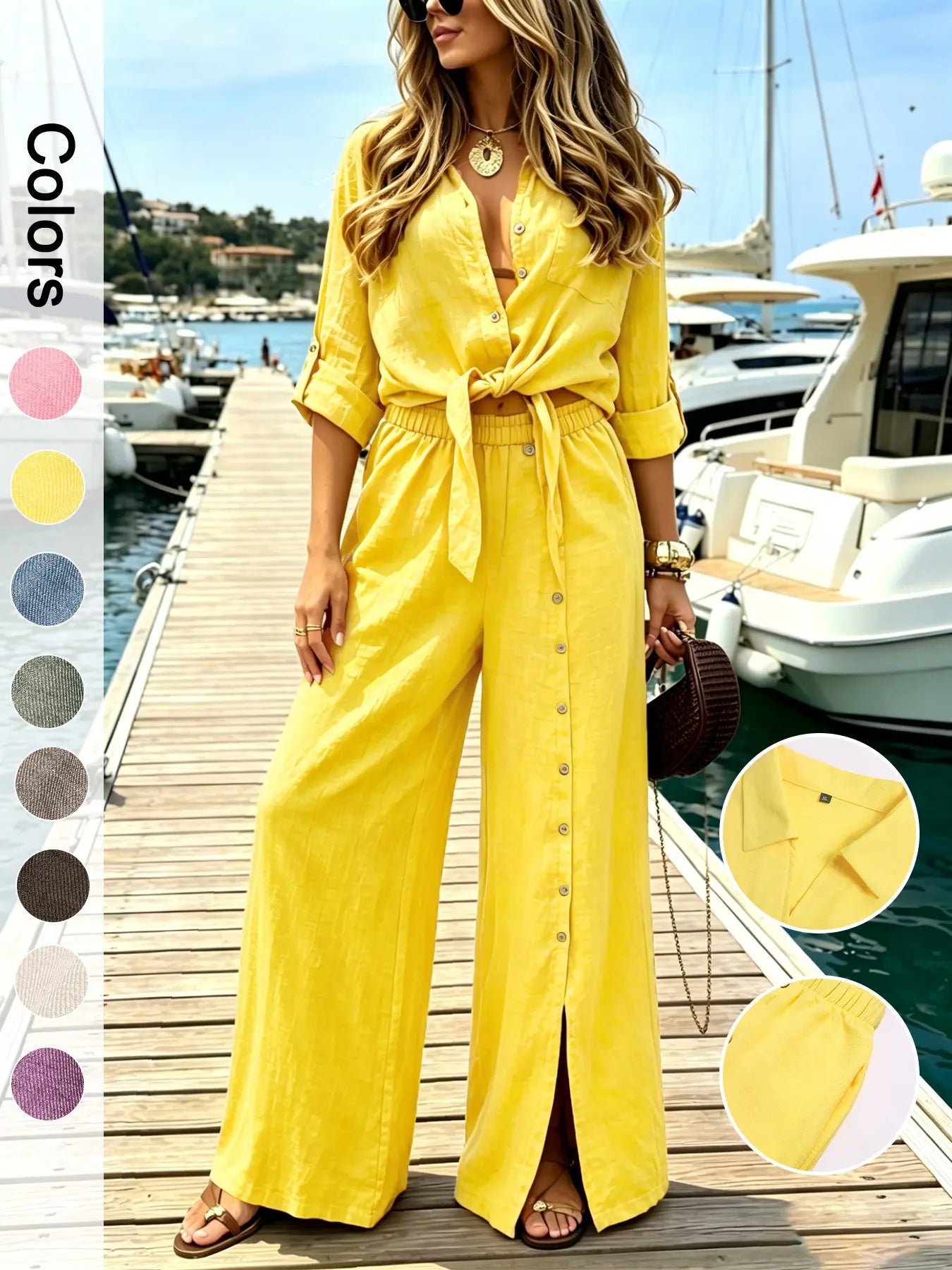 Women's Two-Piece Vacation Set – Knot Top with Button Detail & Wide-Leg Pants