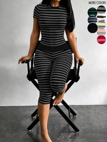 Yellow & Grey Striped Two-Piece Loungewear Set – Crop Top & High-Waist Capri Leggings
