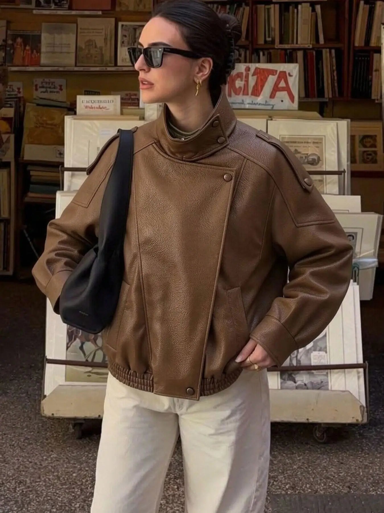 Women's Vintage Moto Jacket – Faux Leather, Stand Collar, Asymmetrical Design