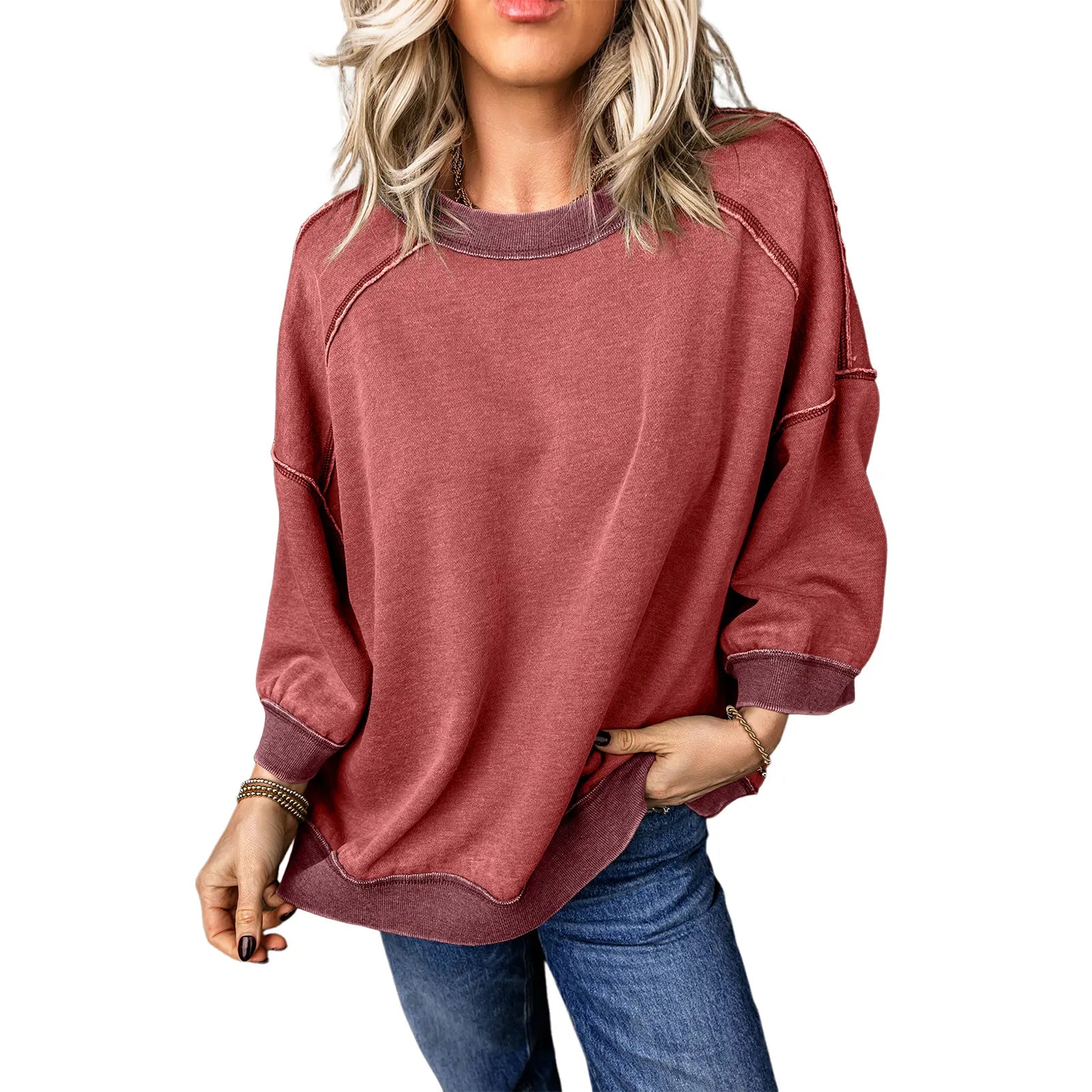 Women's Oversized Acid Wash Pullover Sweatshirt – Vintage Cotton Crew Neck