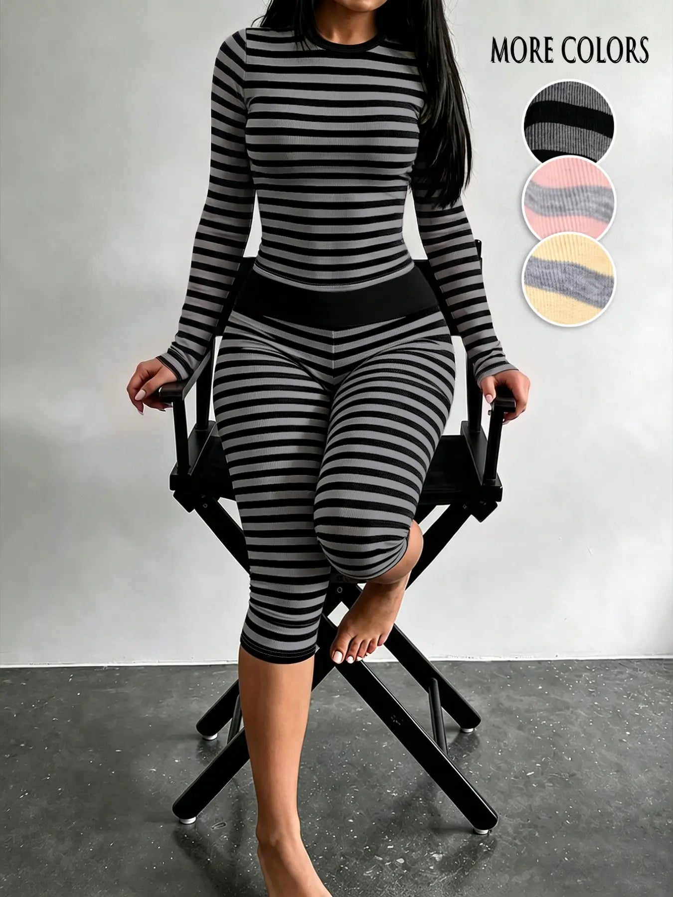 Yellow & Grey Striped Two-Piece Loungewear Set – Crop Top & High-Waist Capri Leggings