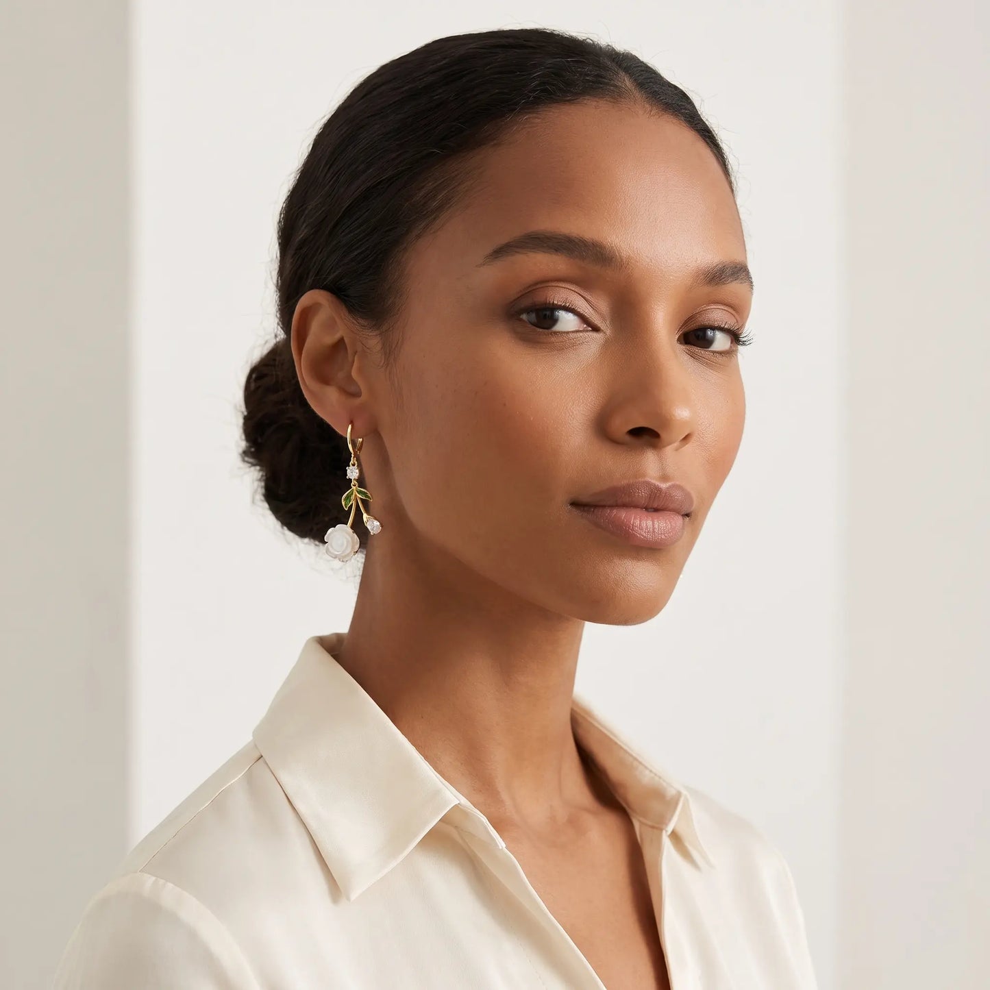 French White Rose Zircon Drop Earrings – Elegant Light Luxury Style