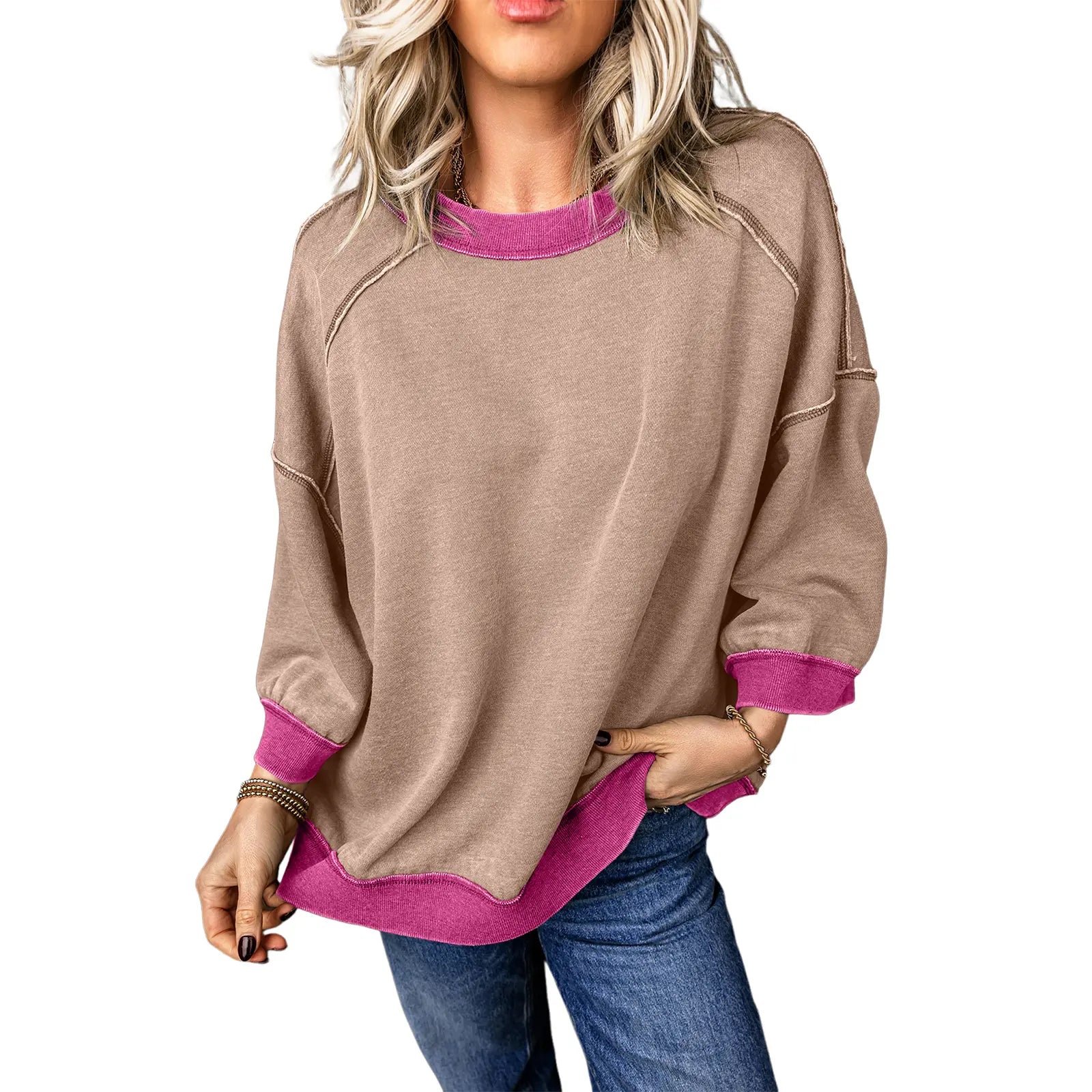 Women's Oversized Acid Wash Pullover Sweatshirt – Vintage Cotton Crew Neck