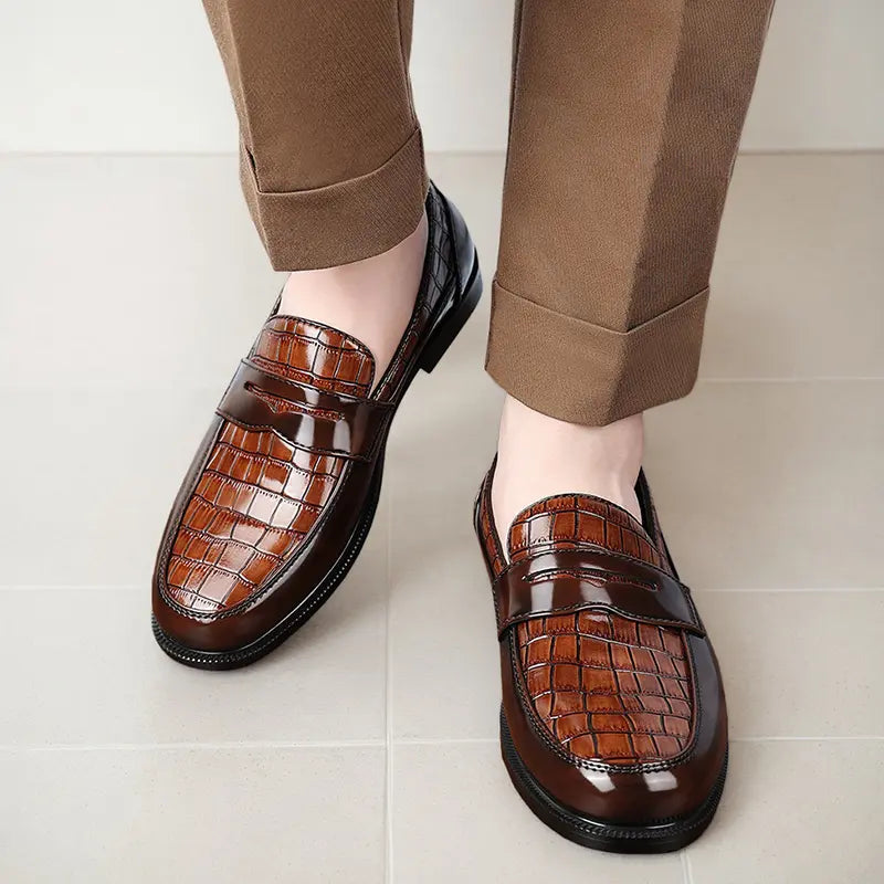 Men's Penny Loafers – Croc-Embossed Leather, Breathable, Rubber Sole, Slip-On