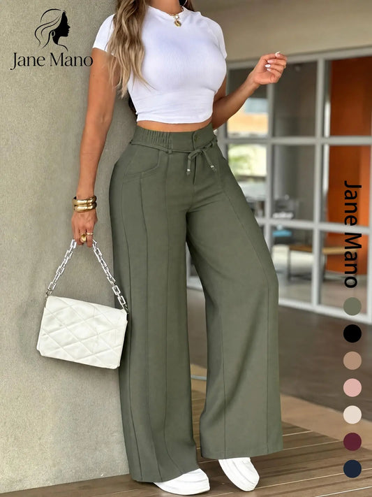 Women's Wide Leg Pants – High Waist Elastic Waistband, Straight-Leg Trousers