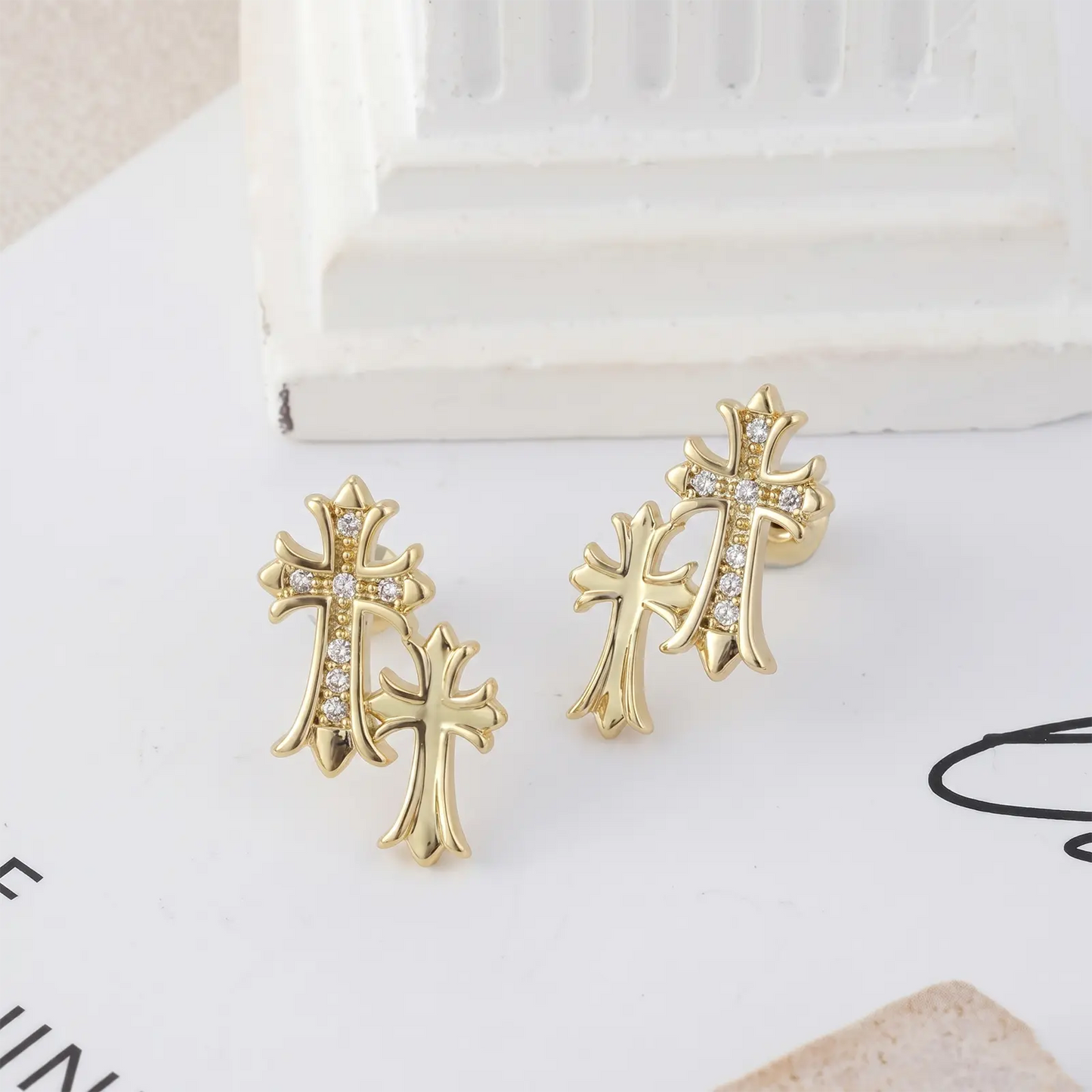  Cross Dangle Earrings – Zircon, 14K Gold Plated, Hypoallergenic