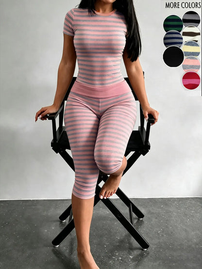 Yellow & Grey Striped Two-Piece Loungewear Set – Crop Top & High-Waist Capri Leggings